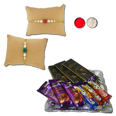 "Shimmering Pearl Rakhi Combo - JPRAK-23-05 ( 2 Rakhis),  Choco Thali - code RC02 - Click here to View more details about this Product